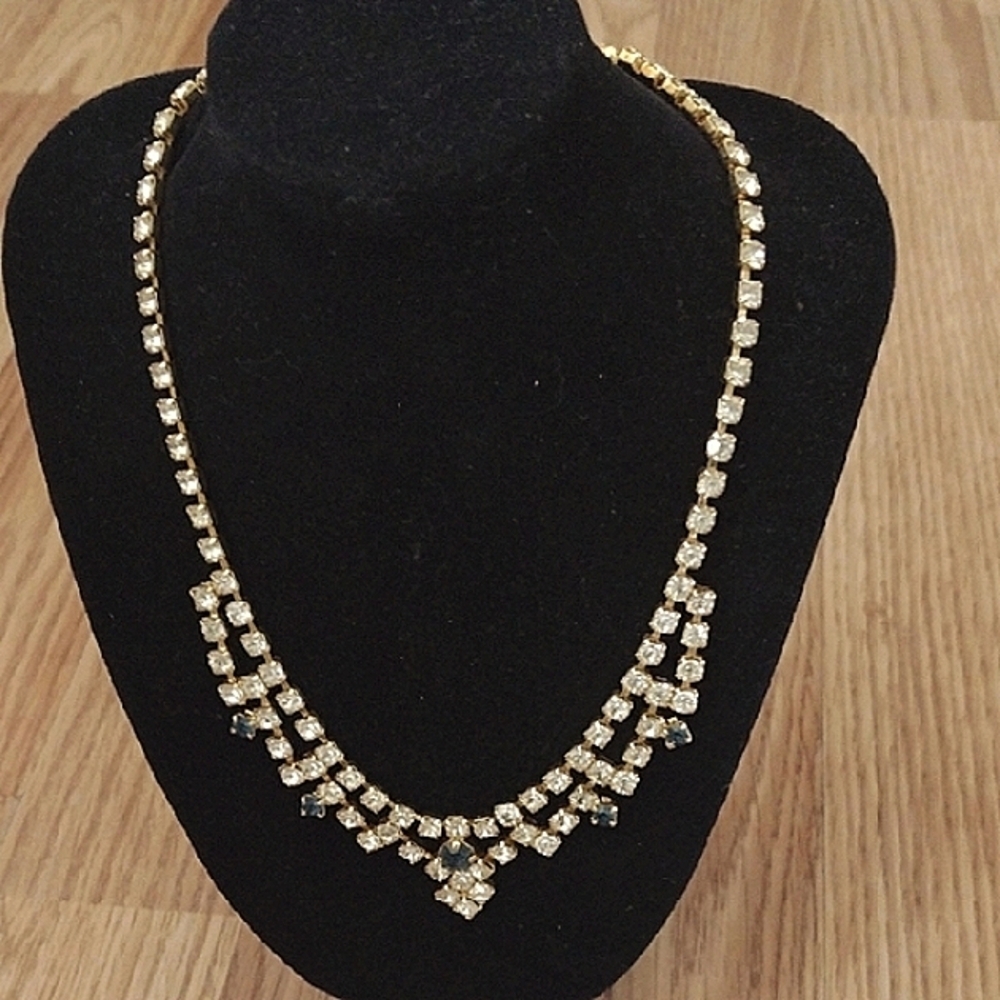 VINTAGE DARK BLUE CLEAR RHINESTONE CHOKER COLLAR BIB 15-18" NECKLACE